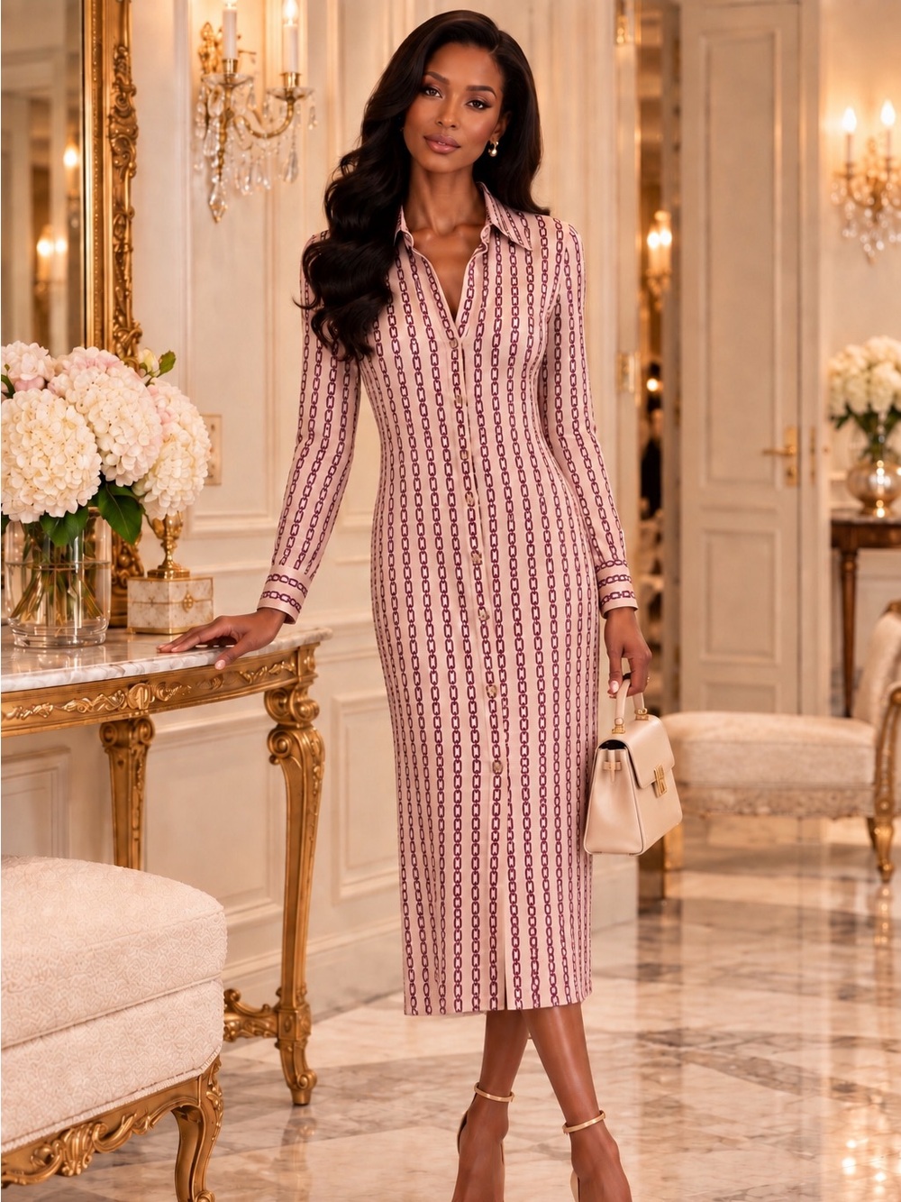 L’AGENCE Pink with Tan Chain Print Links Midi Tailored Shirt Dress – Size M